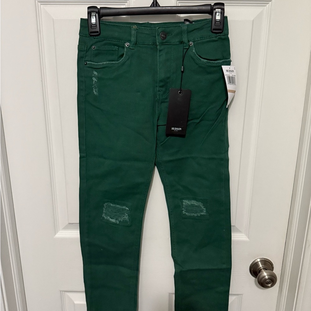 Hudson Girl's Jeans High Rise Straight Leg Distressed Sz 12 Green NEW Stretch
